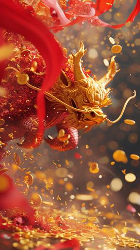 A golden dragon summons a red cow, gold coins are scattered from the sky, red streamers, realistic photography, fantasy style, shocking, detailed, flat design, happy, crisp-white, Full body shot, 3D design, --ar 9:16 --v 6.0