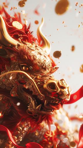 A golden dragon summons a red cow, gold coins are scattered from the sky, red streamers, realistic photography, fantasy style, shocking, detailed, flat design, happy, crisp-white, Full body shot, 3D design, --ar 9:16 --v 6.0