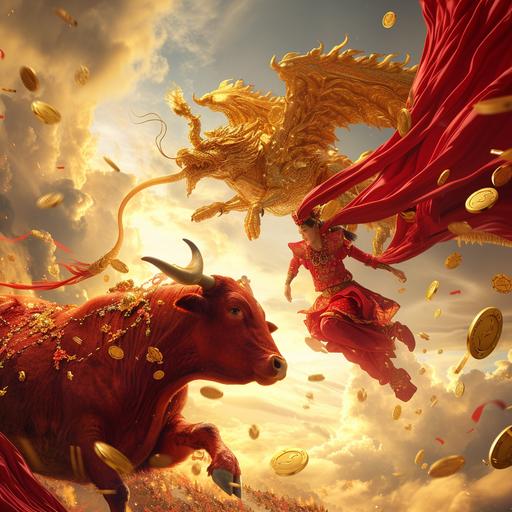 A golden flying dragon summons a red cow, gold coins are scattered from the sky, a red streamer, realistic photography, fantasy style,--ar 9:16 --v 6.0