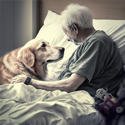 A golden retriever comforting a dying person in a hospital bed, hospital, service animal, service vest, companion, comfort, kindness, service, dog sweater service vest,
