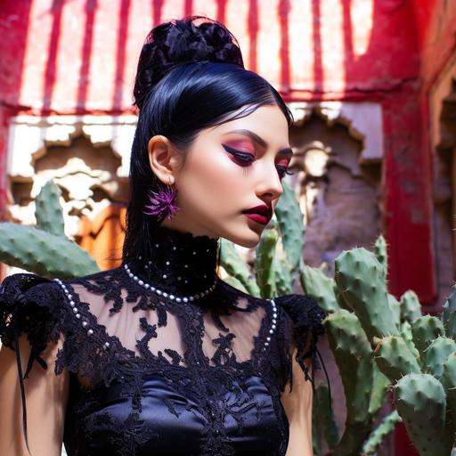 A gothic aesthetic model wearing a black choker and lace bodice made from dyed plant roots and gold leaf. She stands in a pink stucco walled courtyard in Mexico with super hot peppers, with confrontational reds, together with shiny black patches, datura plants, agaves, and tall cactus. Black hair with silver streaks. Ghostly Ice Mermaid look , purple lipstick, eyeshadow,. shiny gold leaf latex tight pants, dark fashion, dark cottage core modern gold leaf embroidery, witchy vibes, a whimsical blend of nature and architecture, strange yet fascinating allure, Fibonacci sequence, fractal gold leaf design overlay.