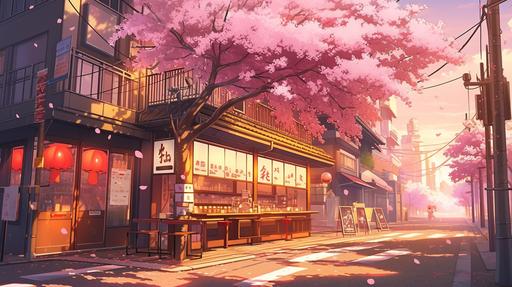 A grandiose anime-style scenario, vibrant sakuras bloom amidst brick apartments, off-Broadway style theatre marquee in the background, wistful sunset with gradients of pink and orange painting the skies --niji 5 --ar 16:9