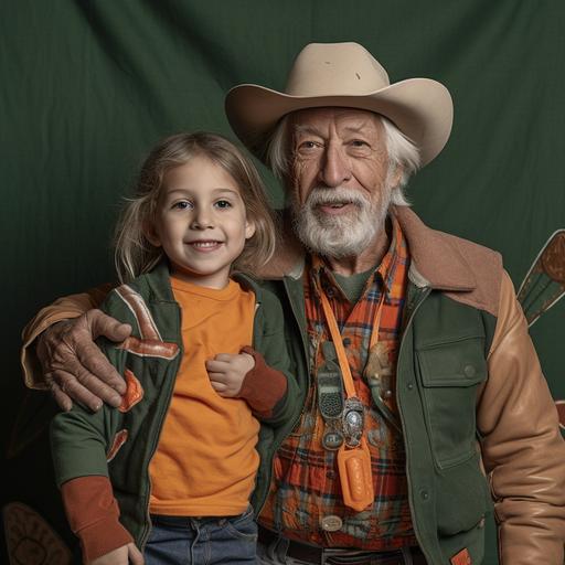 A grandpa 56 years old with wild grey hair standing with his little grandaughter 6 years old she is wearing tan corduroy paints and a 70's style striped orange and brown tank top . Grand pa is wearing a green velvet jacket , worn jeans and cowboy boots with a big belt buckle in the shape of Australia map . They pose in front of a menagerie of retro things, clothes on racks, stacks of hats, bicycles, paintings , in childrens comiv book style