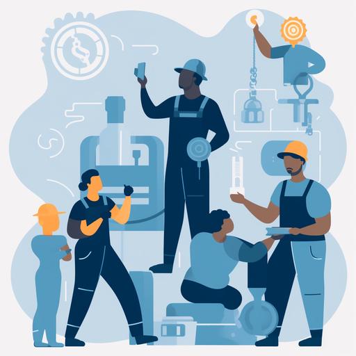 A graphic of a diverse group of workers in blue uniforms, each with a thought bubble showcasing their respective skills: a plumber with a wrench icon, an electrician with a lightning bolt symbol, a forklift operator with a forklift image, and a cashier with a cash register icon. The workers are outlined in black, with different skin colors represented. --ar 1:1 --v 5