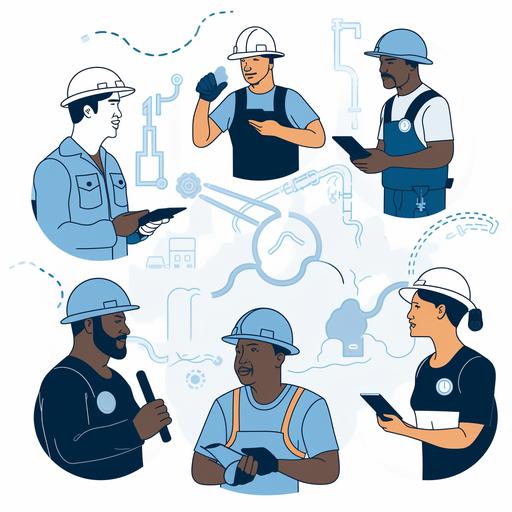 A graphic of a diverse group of workers in blue uniforms, each with a thought bubble showcasing their respective skills: a plumber with a wrench icon, an electrician with a lightning bolt symbol, a forklift operator with a forklift image, and a cashier with a cash register icon. The workers are outlined in black, with different skin colors represented. --ar 1:1 --v 5