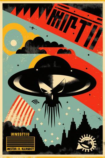 A graphic pattern design of a UFO in the style of vintage punk movement posters and Basquiat ad Warhol paintings. Misfit inspiration. --ar 2:3