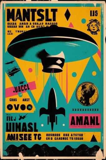 A graphic pattern design of a UFO in the style of vintage punk movement posters and Basquiat ad Warhol paintings. Misfit inspiration. --ar 2:3