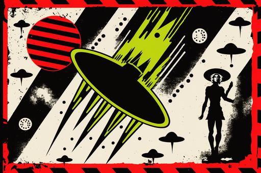 A graphic pattern design of a UFO in the style of vintage punk movement posters and Basquiat ad Warhol paintings. --ar 3:2