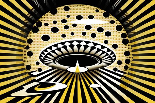 A graphic pattern design of a UFO sight in the style of vintage punk movement posters in black, white and yellow colors. Misfit inspiration. In the Escher style. --ar 3:2