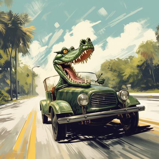 A green cartoon alligator driving a hot rod car down windy roads. Edited to look like a vintage car show poster