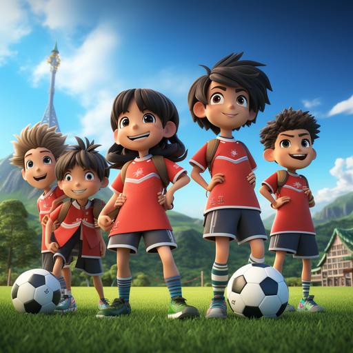 A group of Japanese soccer teenagers with short black hair, wearing Christmas-style red soccer jerseys, green shorts, and long white socks. Holding a modern football in hand, it's a bit futuristic. On a green and bright football field. Cute, 3D, cartoon disney style --s 250