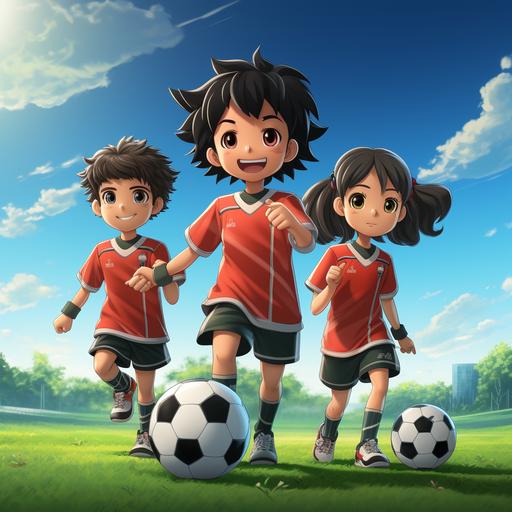 A group of Japanese soccer teenagers with short black hair, wearing Christmas-style red soccer jerseys, green shorts, and long white socks. Holding a modern football in hand, it's a bit futuristic. On a green and bright football field. Cute, 3D, cartoon disney style --s 250