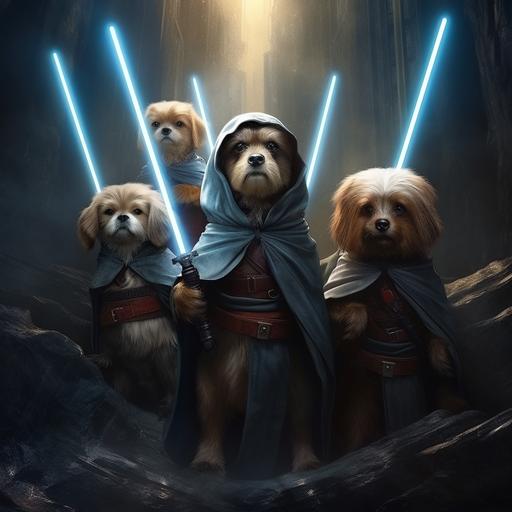 A group of Jedi dogs standing on their hind legs. Holding their lightsabers, 4k, hyper realistic.
