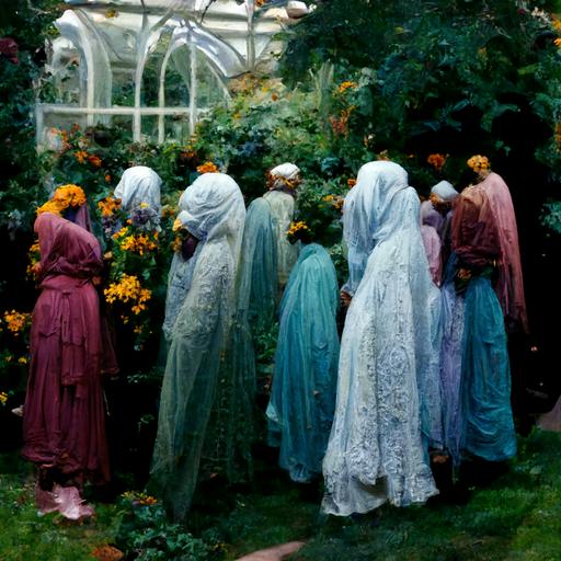A group of Muslim women in flowy long dresses and scarves singing in a dhikr gathering in an English garden conservatory