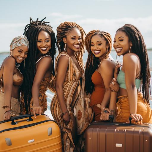 A group of beautiful black girls with suitcases getting in a cruise ship happy joy braids in hair and faux locs