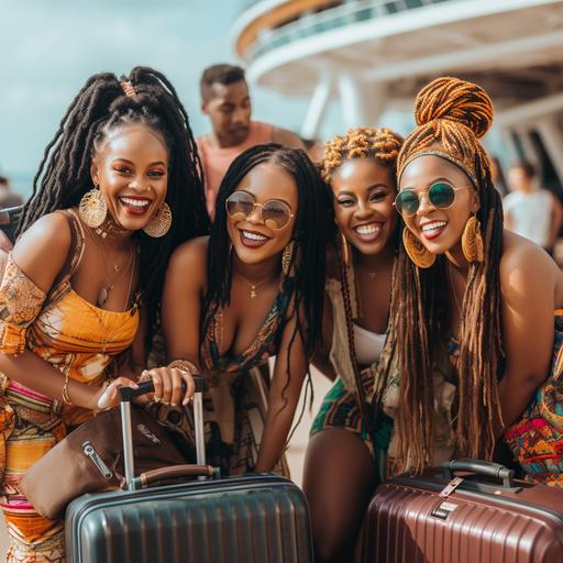 A group of beautiful black girls with suitcases getting in a cruise ship happy joy braids in hair and faux locs