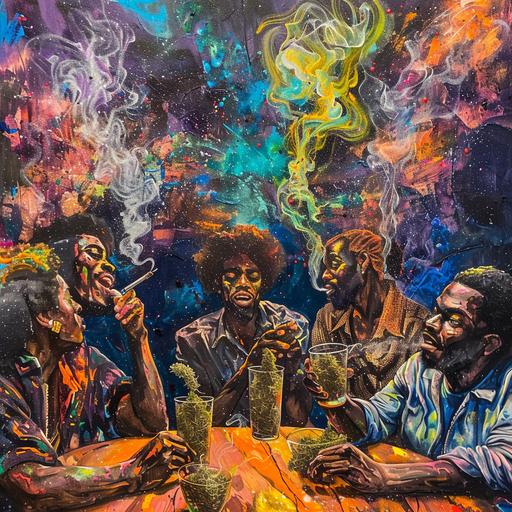 A group of black friends having a lively conversation and smoking weed painting