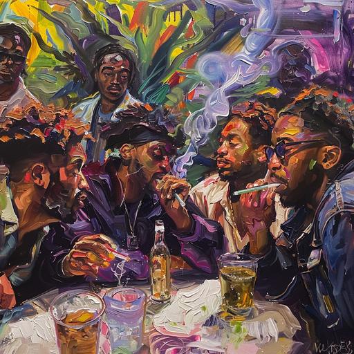 A group of black friends having a lively conversation and smoking weed painting