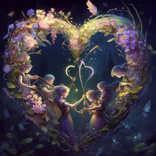 A group of fairies creating a heart-shaped flower arch with their magic wands.