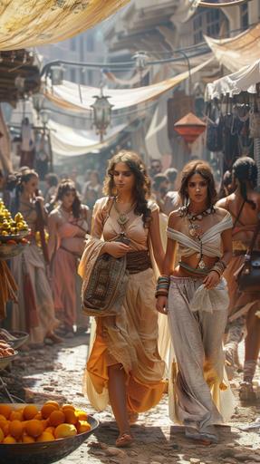 A group of fashionable ladies stroll through a bustling marketplace, their noses wrinkling in disdain as they pass unwashed peasants and street vendors. hyper-realistic illustration, 4k ultra hd, cinematic, photo realism, cinematography. --ar 9:16