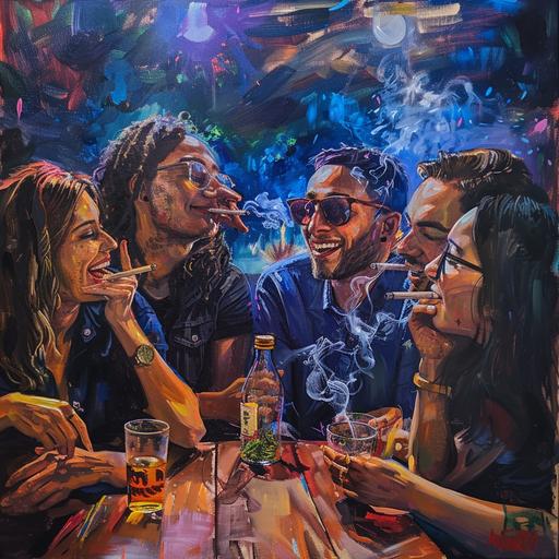 A group of friends having a lively conversation and smoking weed painting