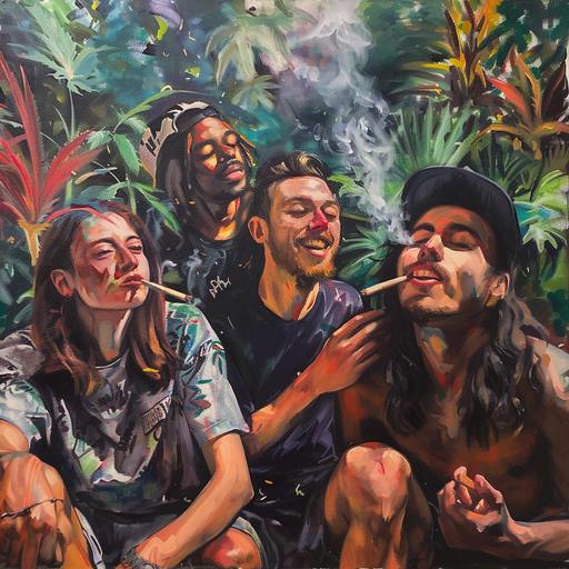 A group of friends having a lively conversation and smoking weed painting