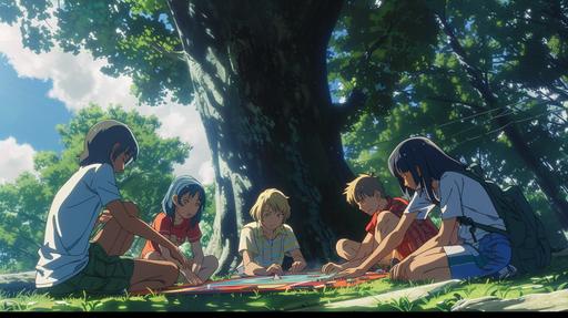 A group of friends playing a board game under the shade of a large tree, 90's anime style --ar 16:9 --v 6.0