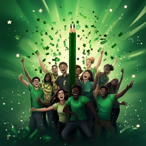 A group of happy people with giant black pencils and stars in the background chill, fun, trendy, green tone