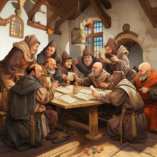 A group of medieval German monks in a whimsical, fun style reminiscent of 90s cartoons like Rocko's Modern Life. These jolly monks are gathered around, drinking beer and cheerfully reading through a giant stack of scrolls to index them. They are in a cozy, medieval monastery setting, with large wooden tables, stone walls, and medieval decor. The monks wear traditional robes and have expressive, cartoonish faces showing their joy and enthusiasm. They should have the style of haircuts where the tops of their heads are shaved. The image is colorful, lively, and captures a sense of fun and camaraderie. In the foreground, there should be some banner or placard that reads 