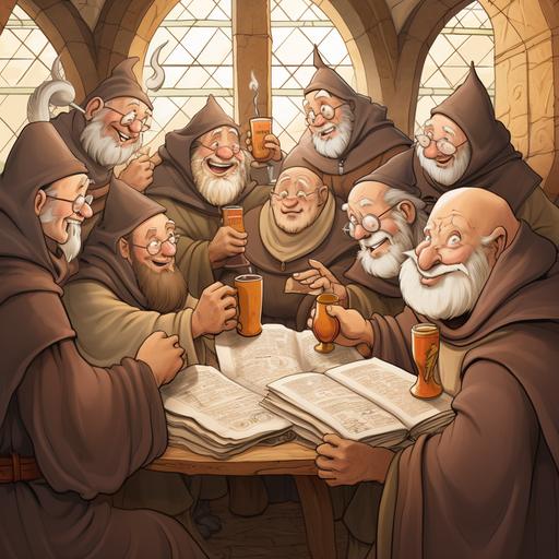 A group of medieval German monks in a whimsical, fun style reminiscent of 90s cartoons like Rocko's Modern Life. These jolly monks are gathered around, drinking beer and cheerfully reading through a giant stack of scrolls to index them. They are in a cozy, medieval monastery setting, with large wooden tables, stone walls, and medieval decor. The monks wear traditional robes and have expressive, cartoonish faces showing their joy and enthusiasm. They should have the style of haircuts where the tops of their heads are shaved. The image is colorful, lively, and captures a sense of fun and camaraderie. In a claymation style of Wallace and Gromit.