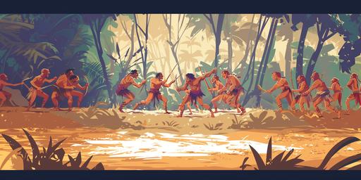 A group of primitive people fighting, cartoon style --ar 2:1