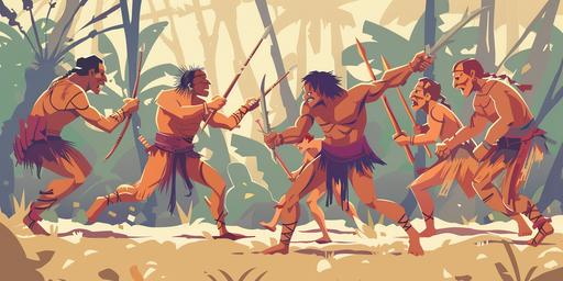 A group of primitive people fighting, cartoon style --ar 2:1