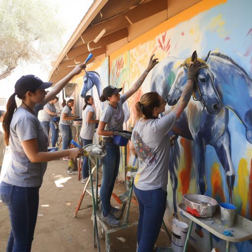 A group of young male and female painters, with brushes and paint buckets in their hands, and many colors, but dominated by the dark blue color. They are drawing horses on the walls of an outdoor horse stall. There is a girl on the ladder, drawing on the wall, and another on a chair, painting some drawings. The boys around them are riding horses, and some of the boys are on the wall, holding out paint brushes. For girls