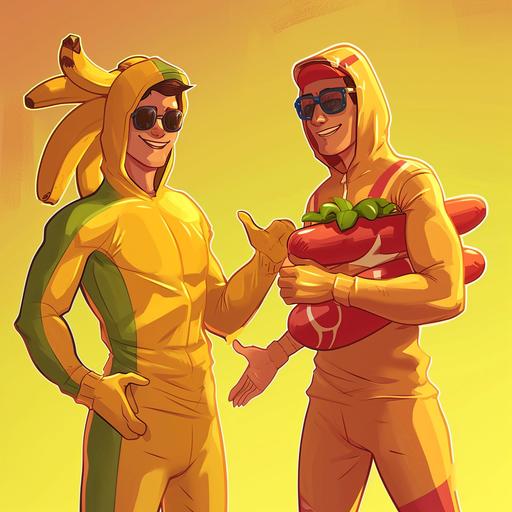A guy in a banana suit dapping up/hand shaking his friend in a hotdog suit; cartoon art style; 2 guys; friends; cool; --v 6.0