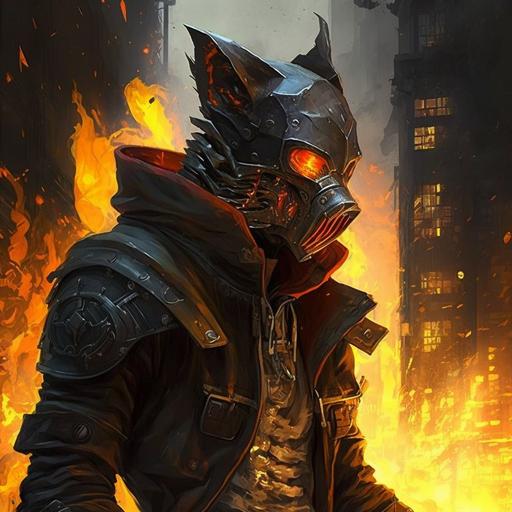 A guy in a black overalls and in a steel mask similar to a robot fights with steel blades drenched in molten steel with an Ash Wolf, whose teeth are magma, and his breath is fiery and his eyes burn with fire on the roof of a building surrounded by Cyberpunk buildings, painted in baroque oil