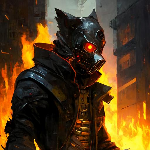 A guy in a black overalls and in a steel mask similar to a robot fights with steel blades drenched in molten steel with an Ash Wolf, whose teeth are magma, and his breath is fiery and his eyes burn with fire on the roof of a building surrounded by Cyberpunk buildings, painted in baroque oil