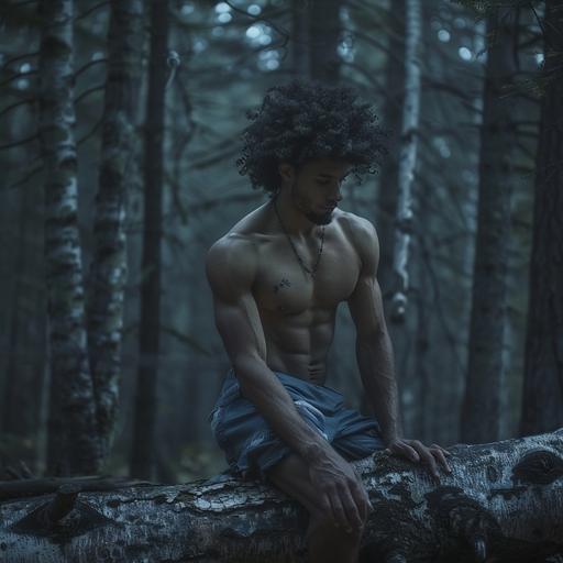 A guy man with afro in the forest on a fallen tree at night in the forest, short shots, abs, fit fitness hyperrealistic photography, realistic photography, --v 6.0