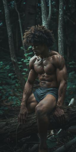 A guy man with afro in the forest on a fallen tree at night in the forest, short shots, abs, fit fitness hyperrealistic photography, realistic photography --ar 1:2 --v 6.0