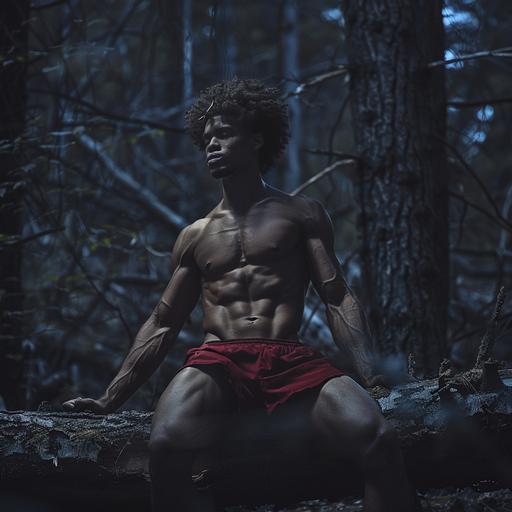 A guy man with afro in the forest on a fallen tree at night in the forest, short shots, abs, fit fitness hyperrealistic photography, realistic photography, --v 6.0