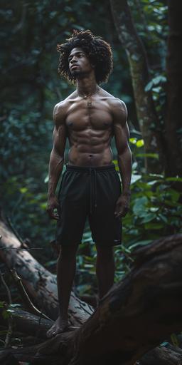 A guy man with afro in the forest on a fallen tree at night in the forest, short shots, abs, fit fitness hyperrealistic photography, realistic photography --ar 1:2 --v 6.0