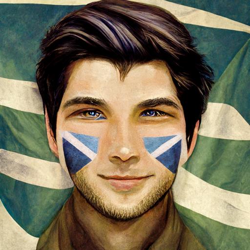 A guy with green eyes and brown hair clean shave with Scotland in the background and a Scottish flag