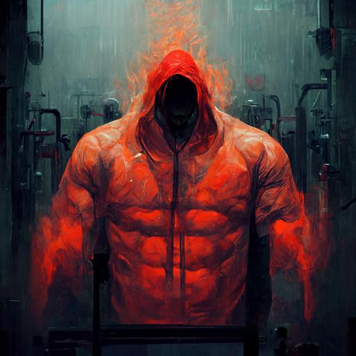 A guy working out in the gym fighting his demons, gloomy gym, The person is in rage, glowing red with rage