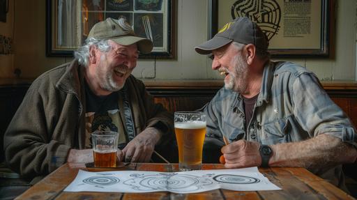 A half-body portrait of two middle aged men called Doug and Dave who are sitting at a corner table in an English pub. Doug is showing Dave a sketch of crop circles on the back of a beer coaster. Dave is laughing so hard that he is spilling the pint-glass of beer that he is holding. On the table is a half-full pint glass of beer next to Doug, and four empty pint glasses to one side of the table. Doug is wearing a baseball cap that has a short length of string with a metal washer tied to it which is hanging down at eyr-level --ar 16:9 --s 50 --style raw --v 6.0