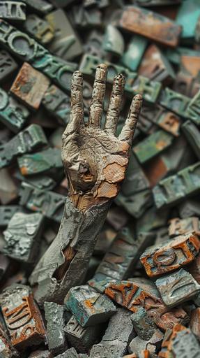 A hand carved wooden miniature hand sticking up out of a pile of broken stone words. Dust and debris and broken letters. In the style of oil painting. Grey, green, blue, rust. --ar 9:16 --v 6.0