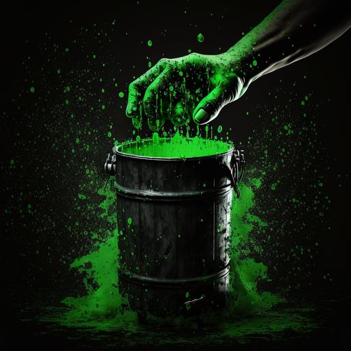 A hand reaching out of a toxic waste barrel,8k super realistic,black background green lighting,green acid rain
