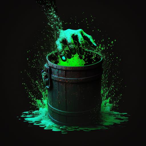 A hand reaching out of a toxic waste barrel,8k super realistic,black background green lighting,green acid rain