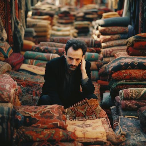 A hand-woven carpet buyer in the midst of the bustling Tehran market, their expression of exhaustion and disappointment illuminated by the bright colors of the carpets.