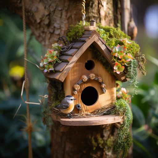 A handcrafted birdhouse made of wood, hanging from a tree branch, with a small bird perched at the entrance.
