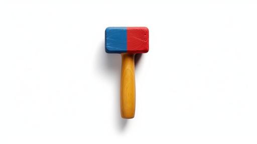A handcrafted mallet made from colorful clay, isolated against a pure white background with no shadows. Medium: Photorealistic photography. Style: Clean and minimalistic, suitable for educational or artistic purposes. Lighting: Studio lighting with diffused, even illumination to eliminate any shadows or background details. Colors: Vivid hues like royal blue, crimson red, and golden yellow for the clay mallet. Composition: Shot with a Canon EOS-1D X Mark III, using an EF 100mm f/2.8L Macro IS USM lens. Resolution: 20.1 megapixels, ISO sensitivity: 100, Shutter speed: 1/200 second, Aperture: f/11. The camera is positioned at eye level, capturing the mallet head-on to emphasize its intricate details and vibrant colors. --ar 16:9 --v 5.1 --style raw --s 750