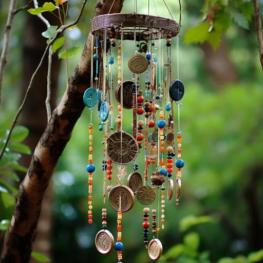 A handcrafted wind chime hanging from a tree branch or a porch ceiling. The wind chime is made of a variety of materials such as metal tubes, wooden pieces, seashells, or glass beads, producing a range of sounds. The focus is on the artistic arrangement of these elements, showing how they are tied together with strings or wires. The backdrop could be a serene garden or a patio setting to give context to where the wind chime might be used.
